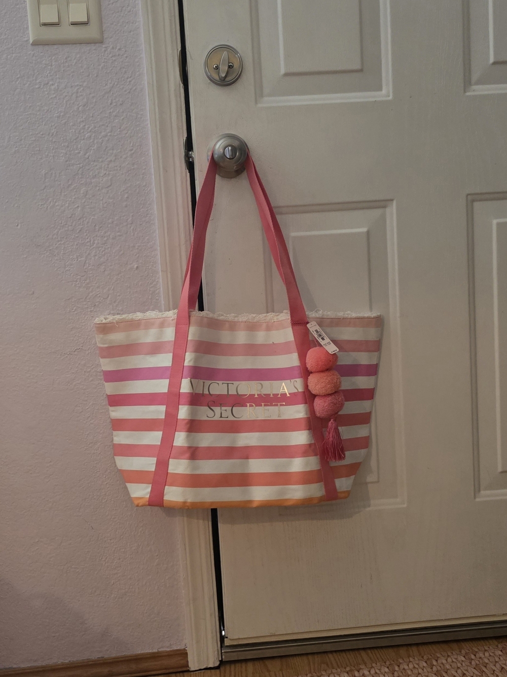 NWT-Victoria's Secret Pink, Cream & Orange Striped Tote with Pom-Pom Charm